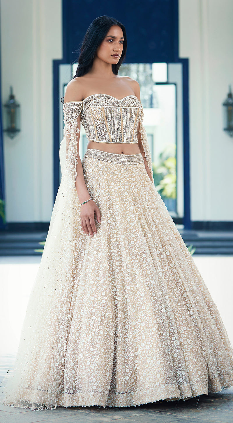 Beige Sequins Net Embroidered Lehenga Set