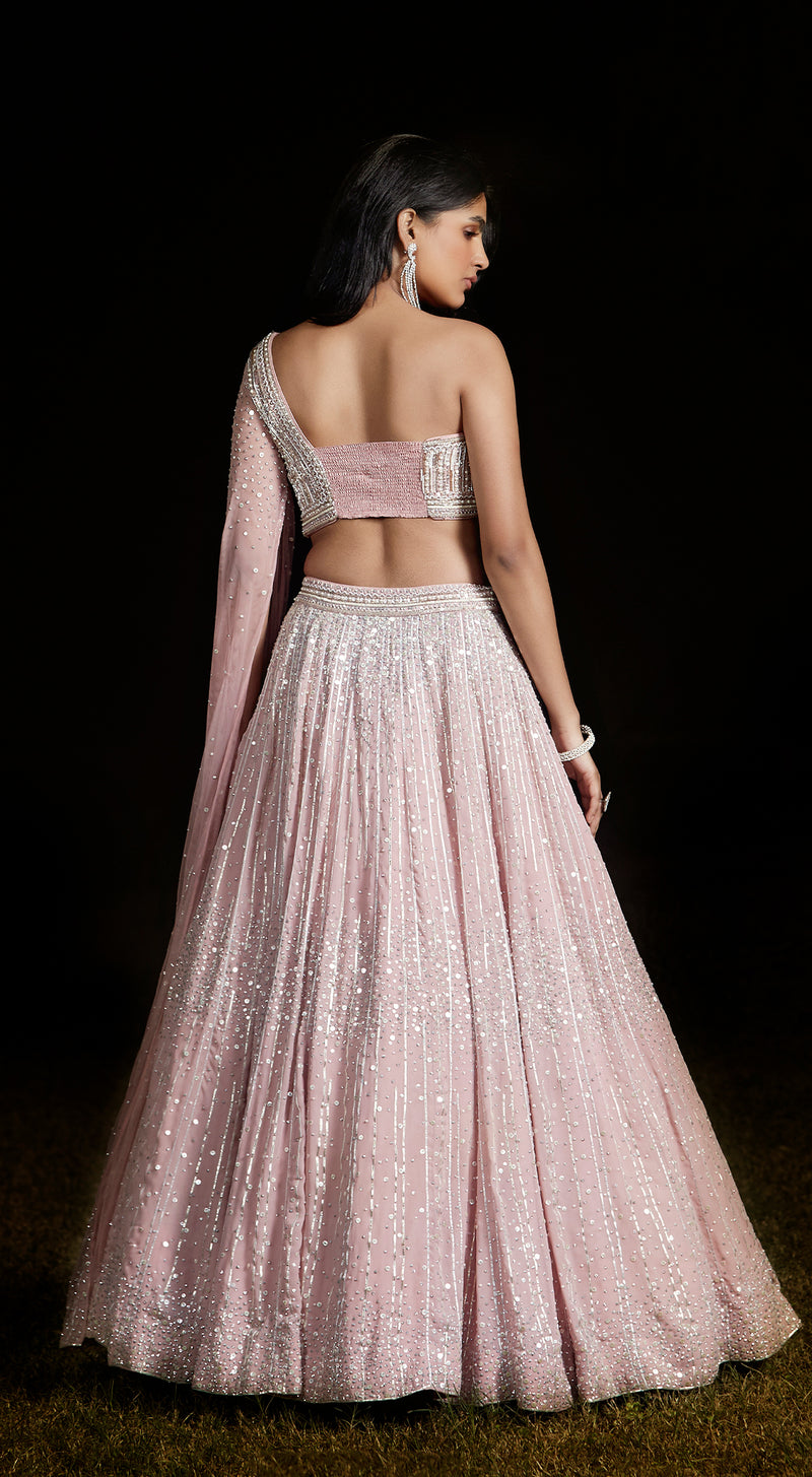 Pink One Shoulder Embroidered Lehenga