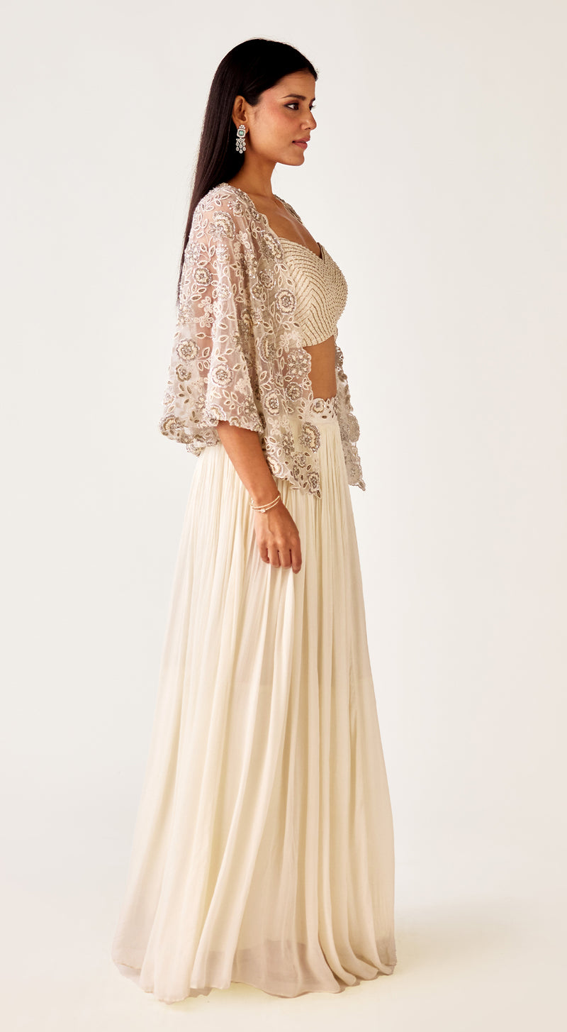 Ivory Silk Embroidered Sharara Set with Jacket