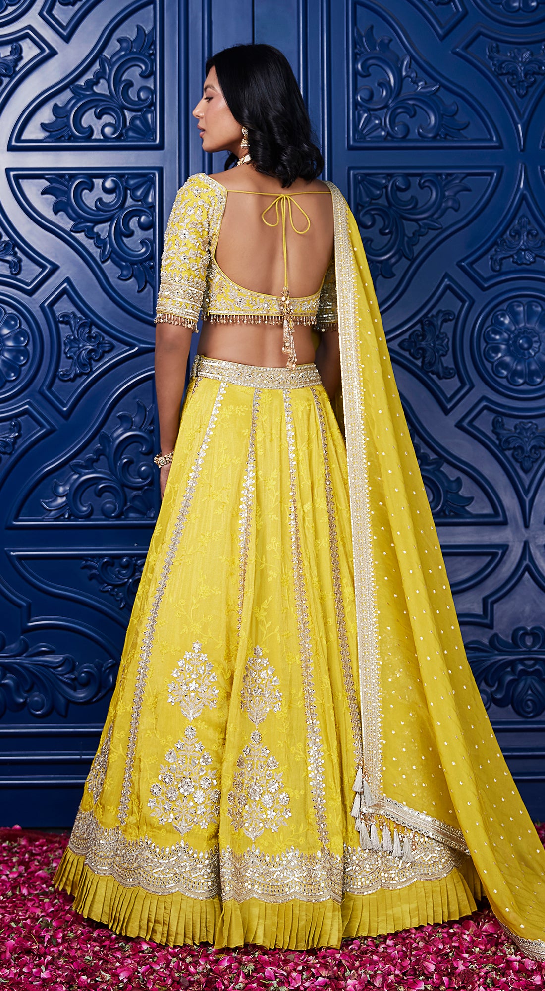 Yellow Tissue Silk Embroidered Lehenga Set