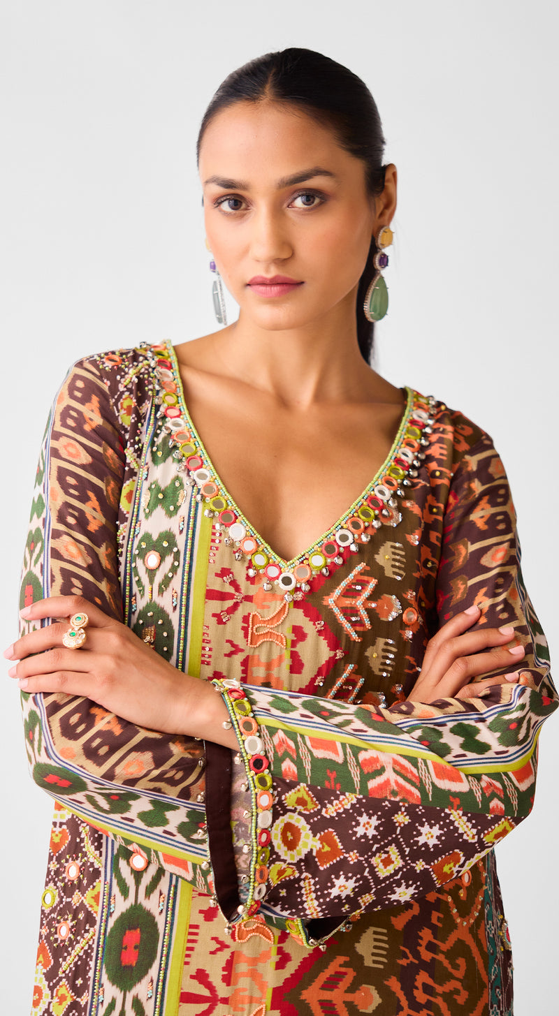 Brown Printed Crepe Kurta Set