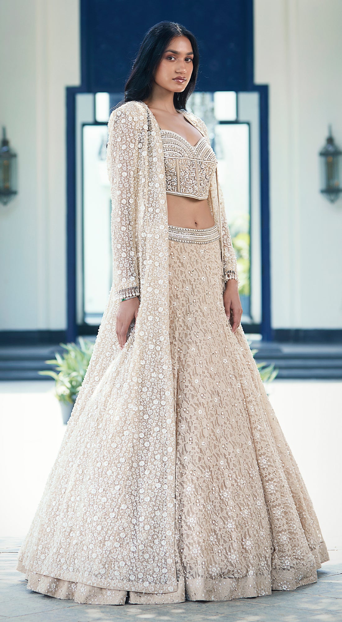 Beige Chantilly Net Embroidered Lehenga Set