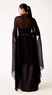 Black Satin Embroidered Cape Set