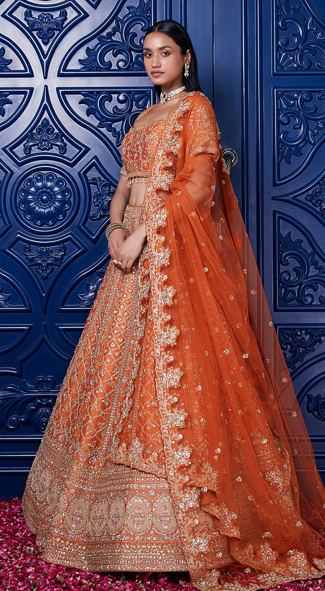 Orange SIlk Embroidered Lehenga Set