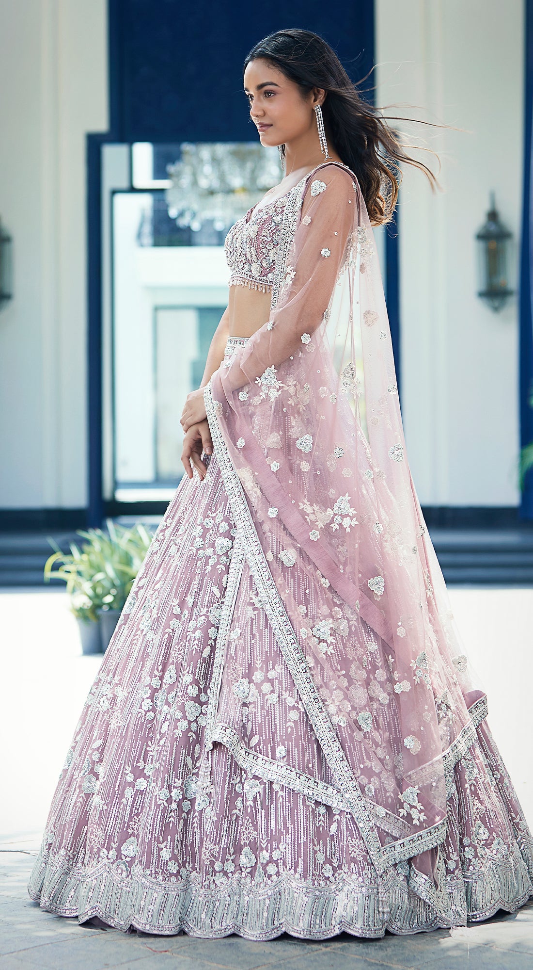 Mauve Organza Embroidered Lehenga Set