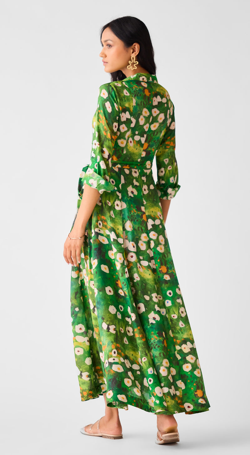 Green Muslin Floral Long Dress