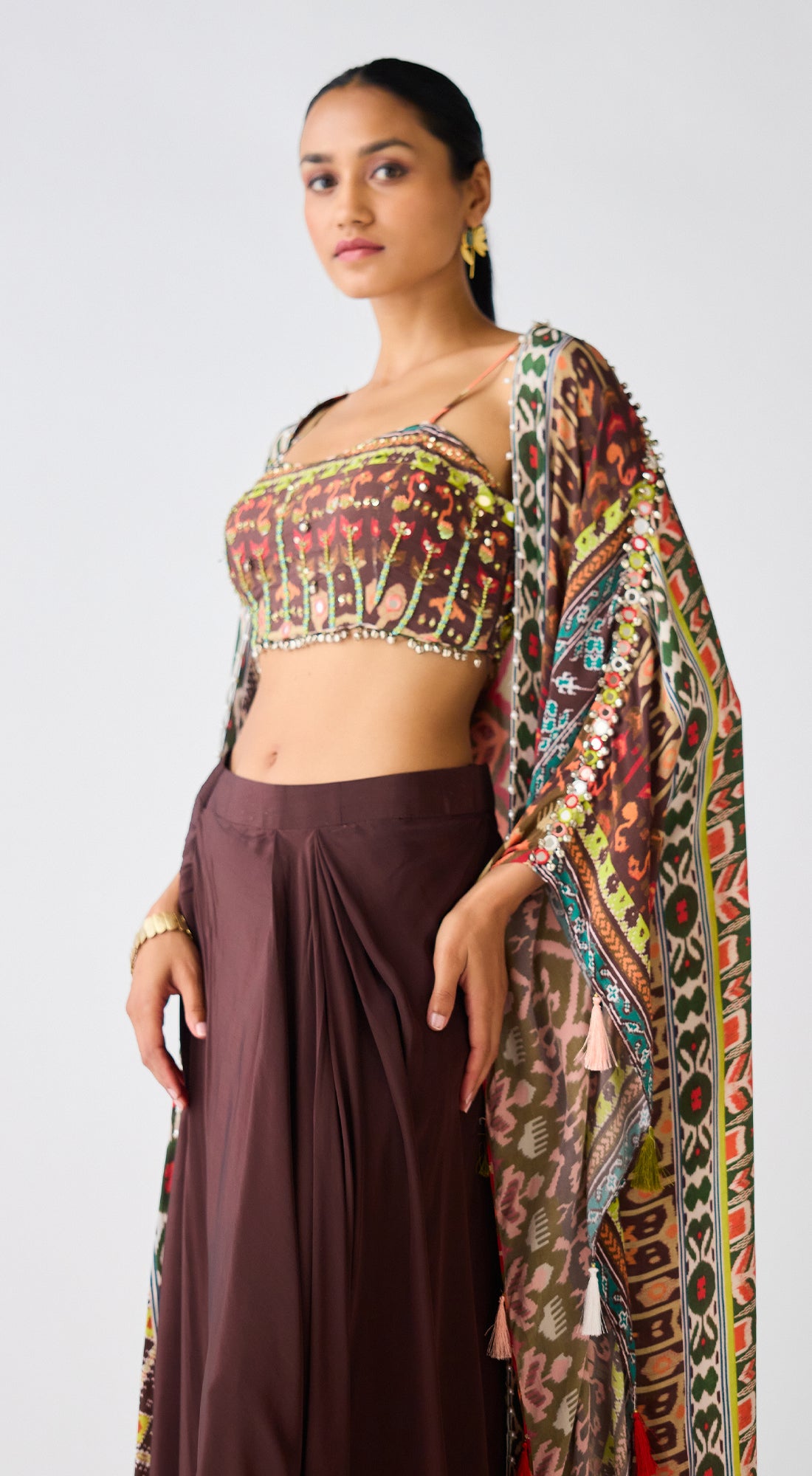 Brown Printed Skirt & Cape Set