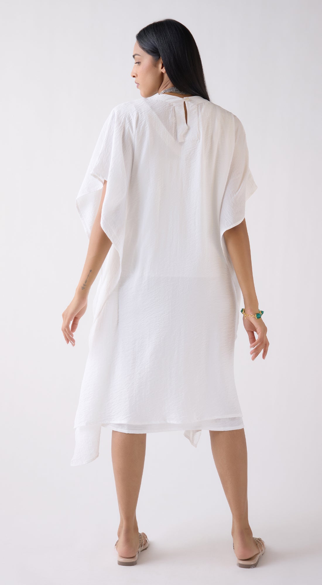 Ivory Crushed Satin Blend Kaftan Dress With Mala & Spaghetti