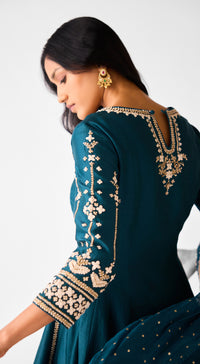 Teal Blue Chanderi Embroidered Anarkali Kurta Set