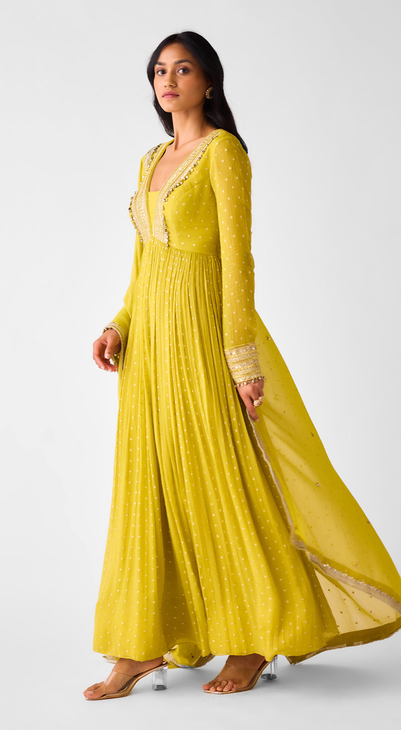 Yellow Banarasi Chinon Anarkali Set