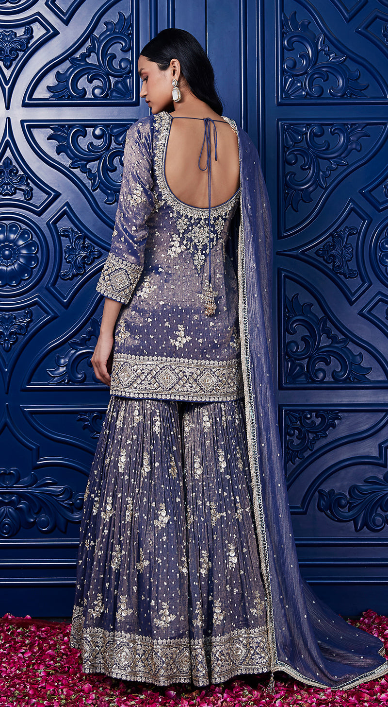 Blue Tissue Embroidered Sharara Set