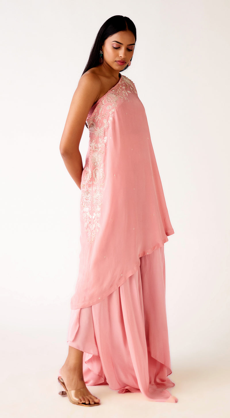 Pink Georgette Embroidered Asymmetric Co-ord Set