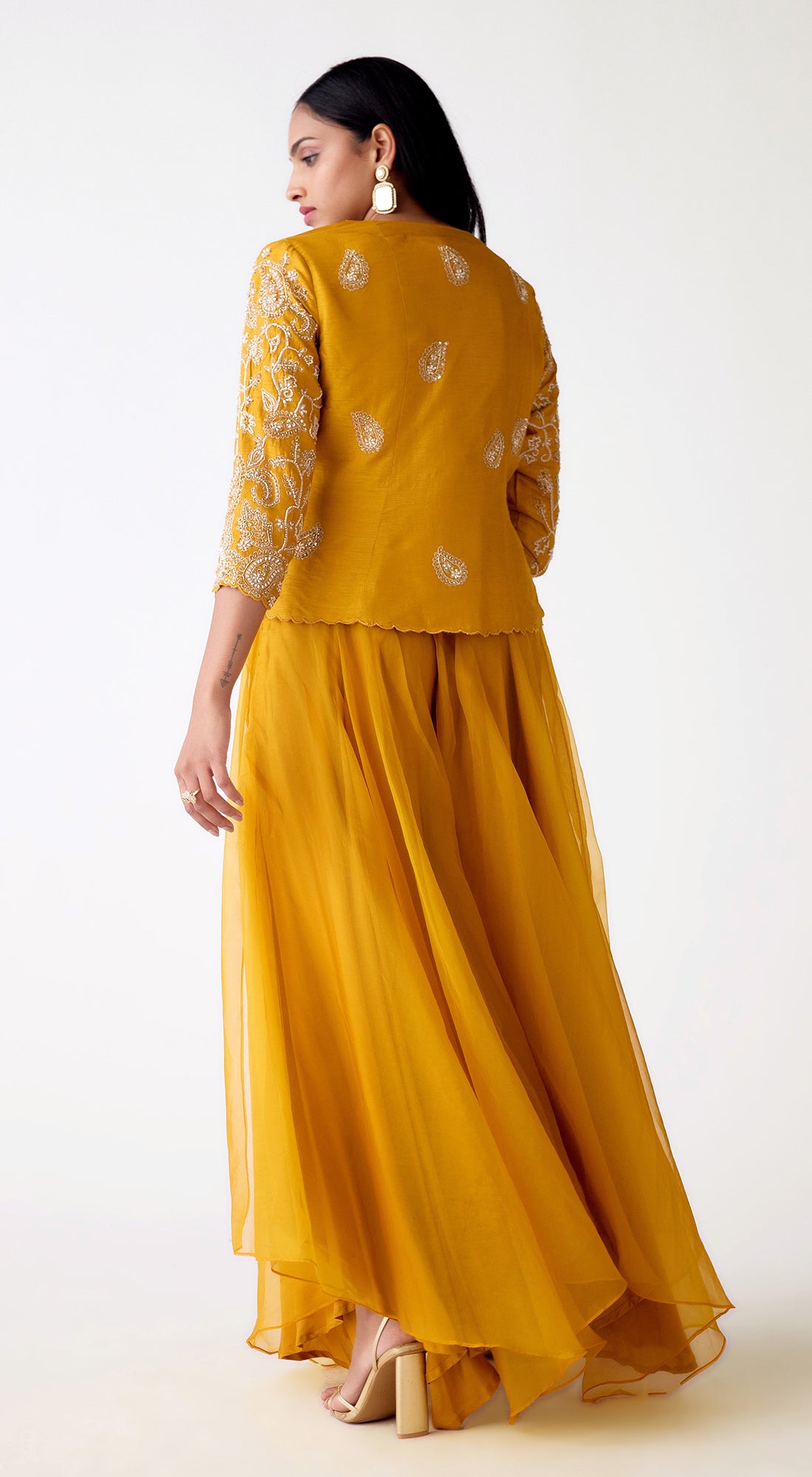 Mustard Organza Embroidered Sharara Set