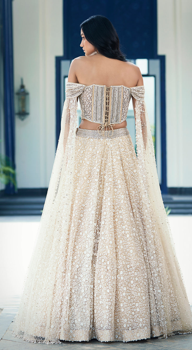 Beige Sequins Net Embroidered Lehenga Set