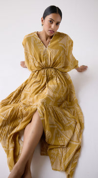 Mustard Muslin Abstract Print Dress