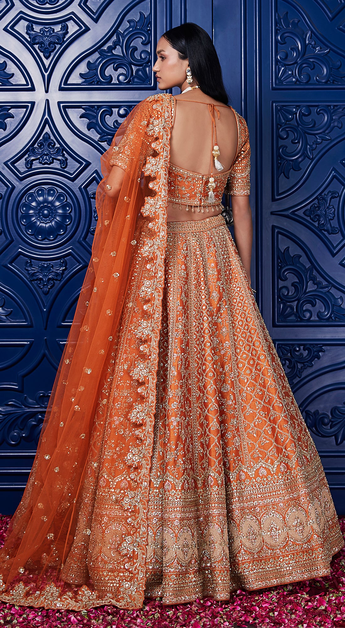 Orange SIlk Embroidered Lehenga Set