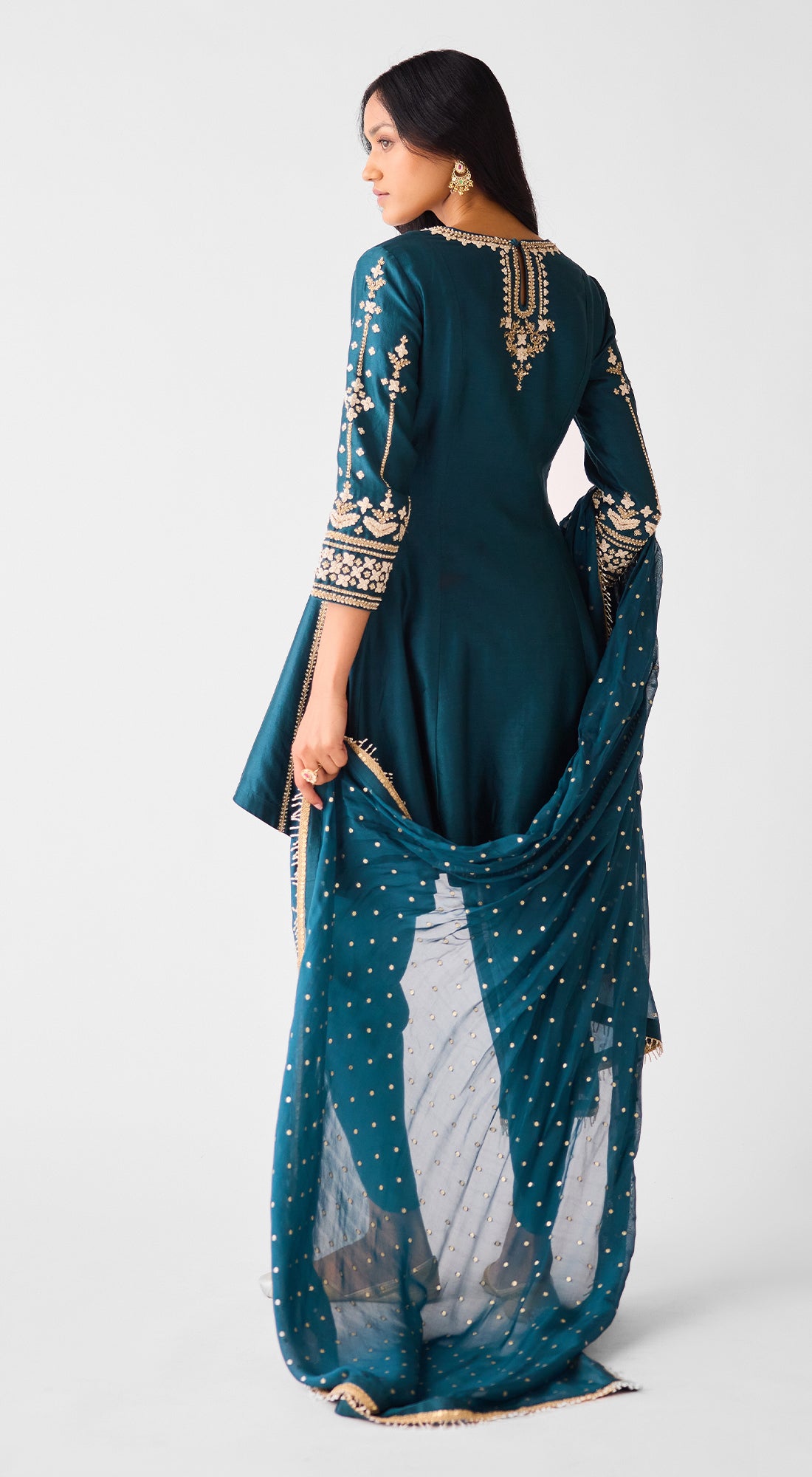 Teal Blue Chanderi Embroidered Anarkali Kurta Set