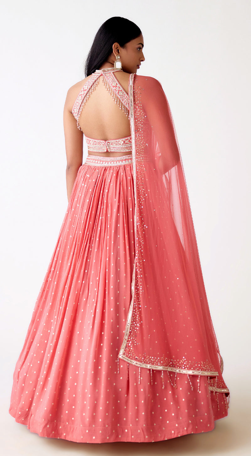 Peach Organza Embroidered Lehenga Set