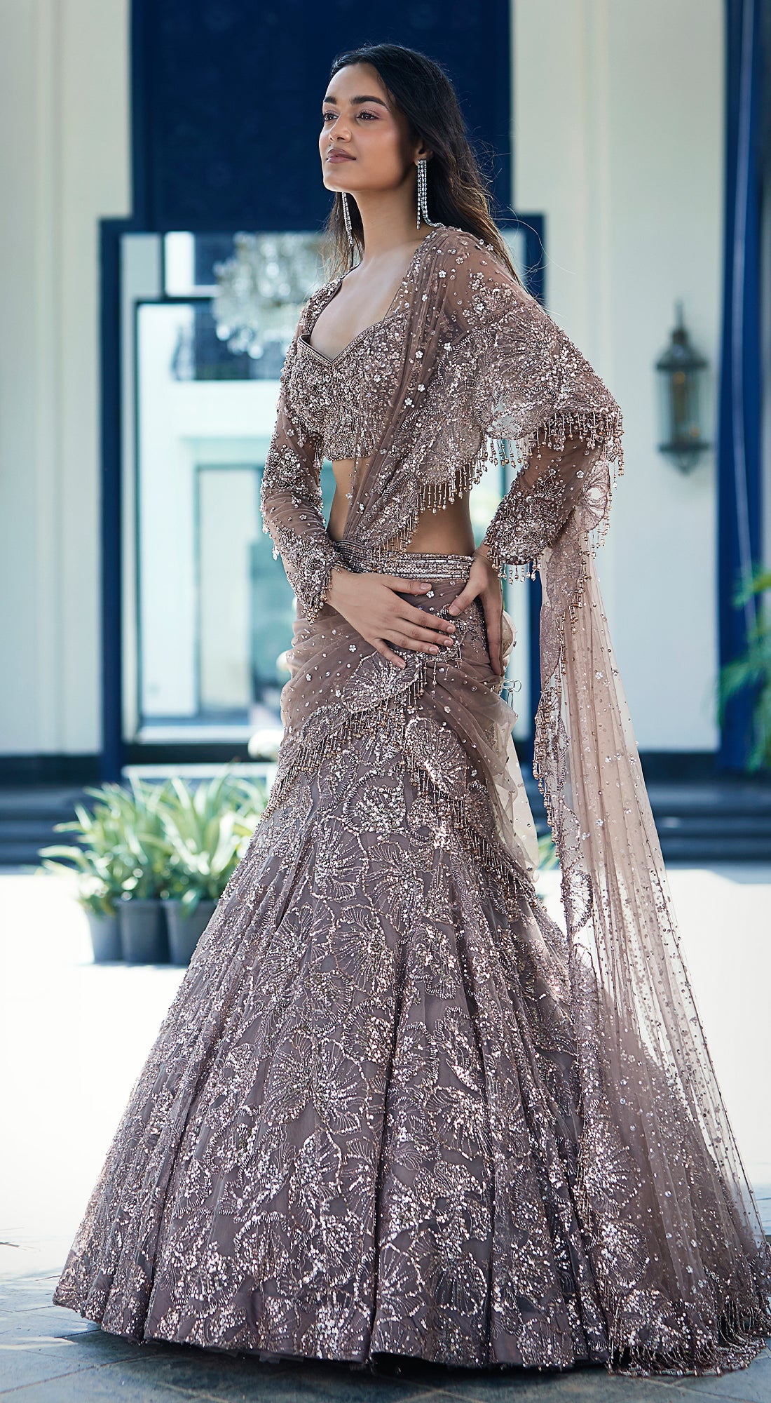 Rose Gold Net Embroidered Lehenga Set