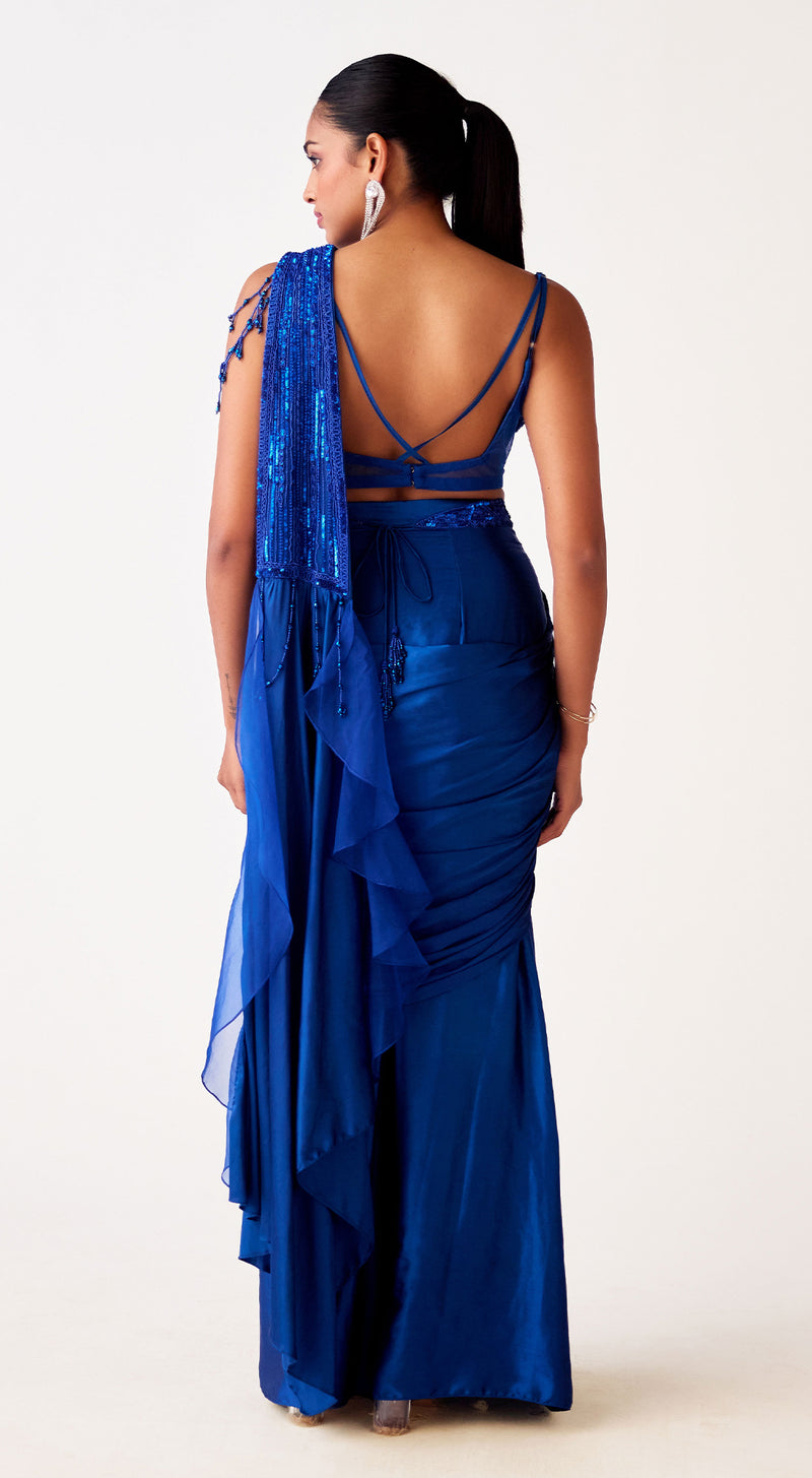 Blue Satin Crepe Embroidered Saree