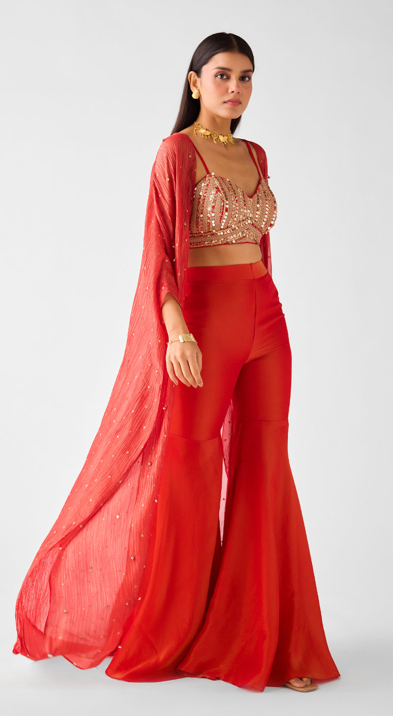 Red Embroidered Tissue Cape Set