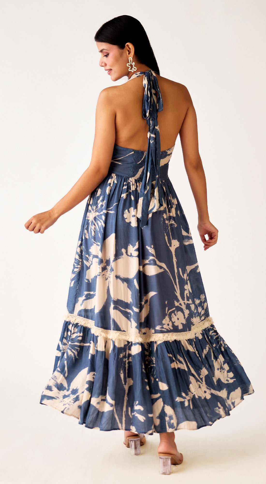 Blue Muslin Floral Long Dress