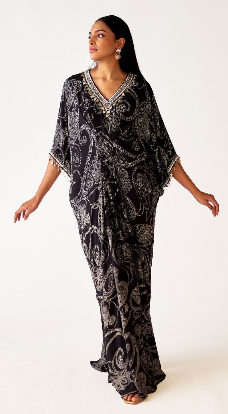 Black Printed Crepe Embroidered Dress