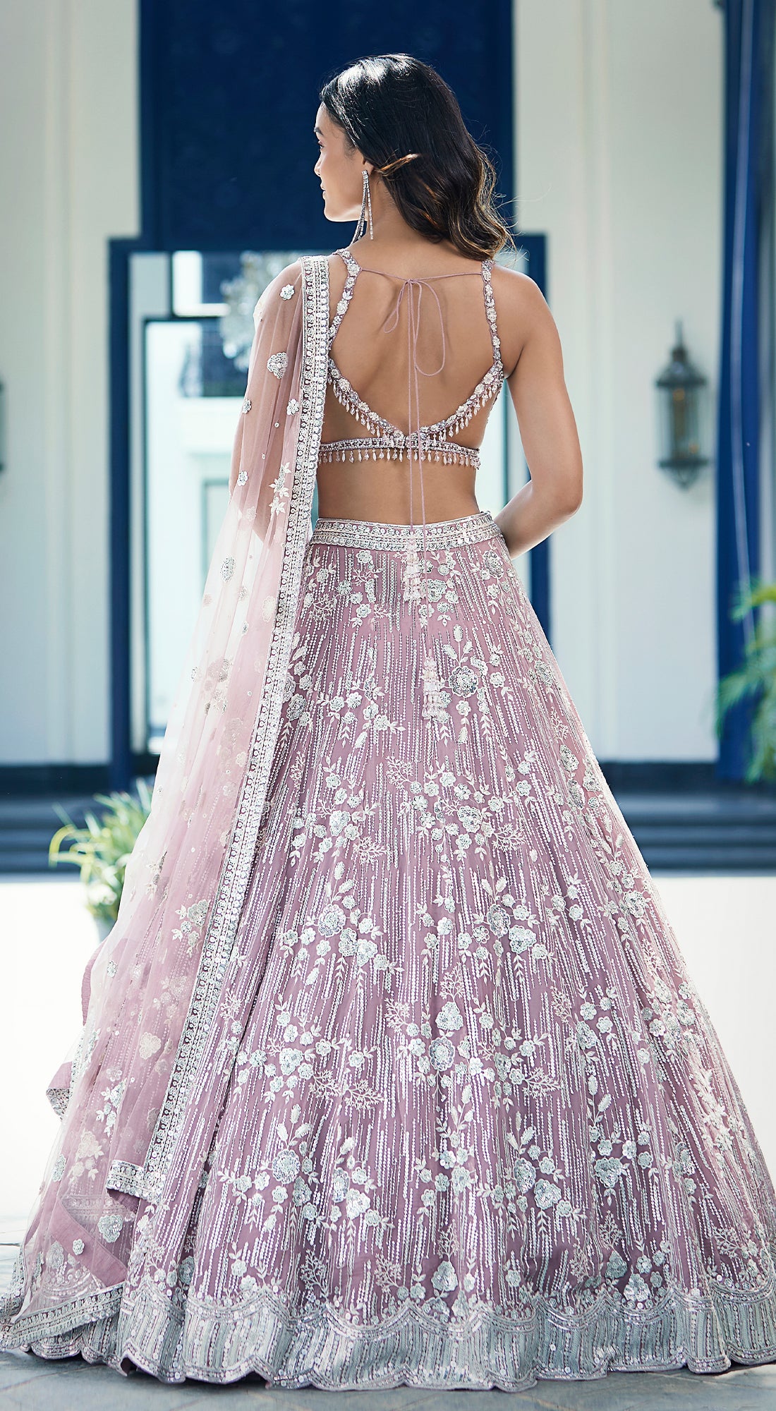 Mauve Organza Embroidered Lehenga Set