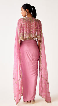 Mauve Embroidered Cape Set With Draped Skirt