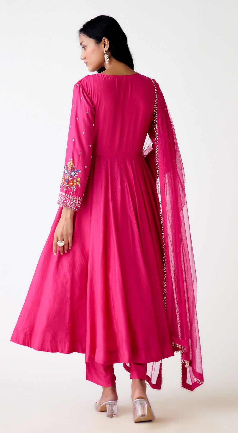 Rani Pink Chanderi Embroidered Anarkali Set