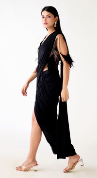 Black Satin Lycra Embroidered Slit Saree