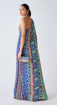 Blue Printed Asymmetric Neckline Dress