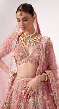 Onion - Pink Velvet Embroidered Lehenga Set with Veil