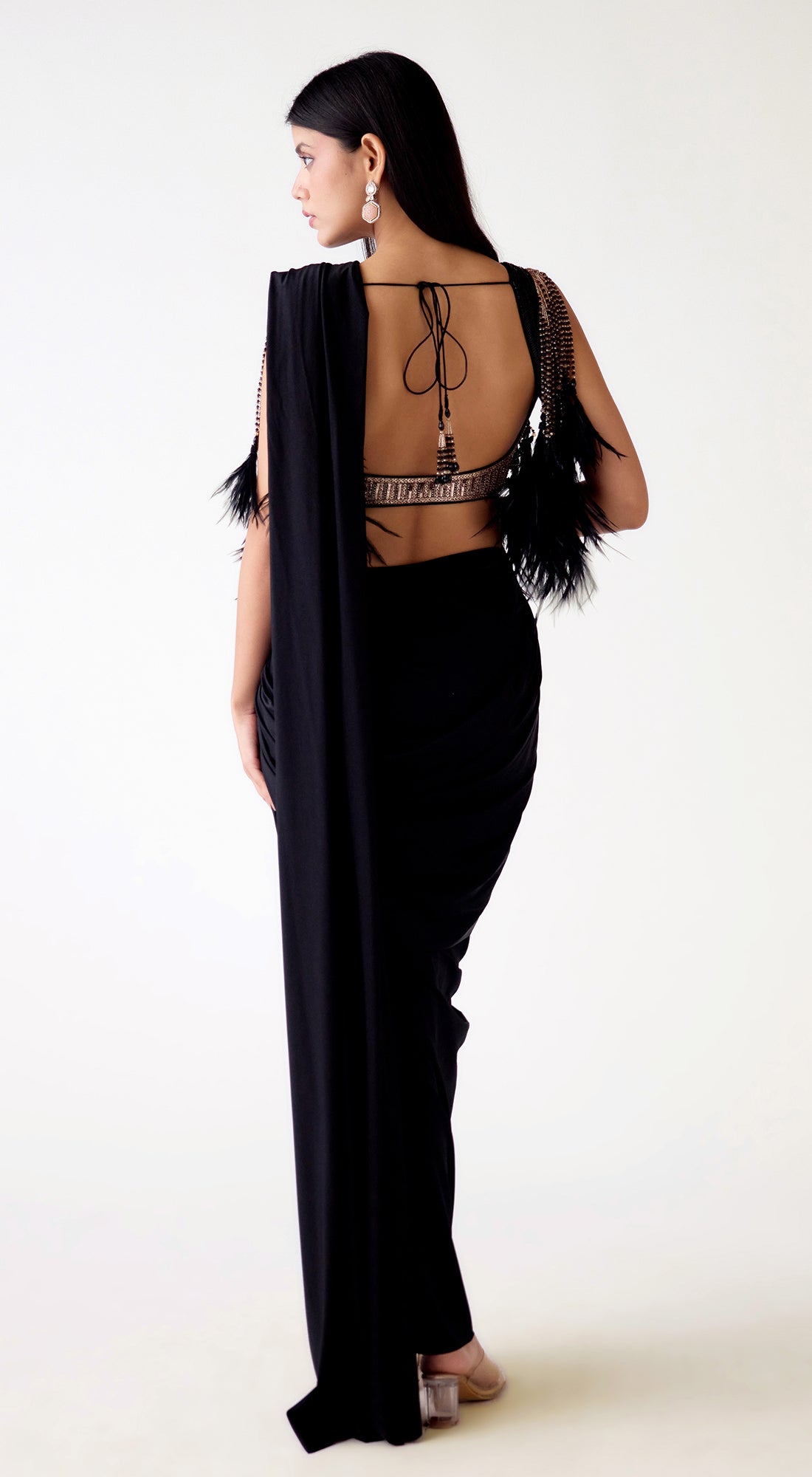 Black Satin Lycra Embroidered Slit Saree