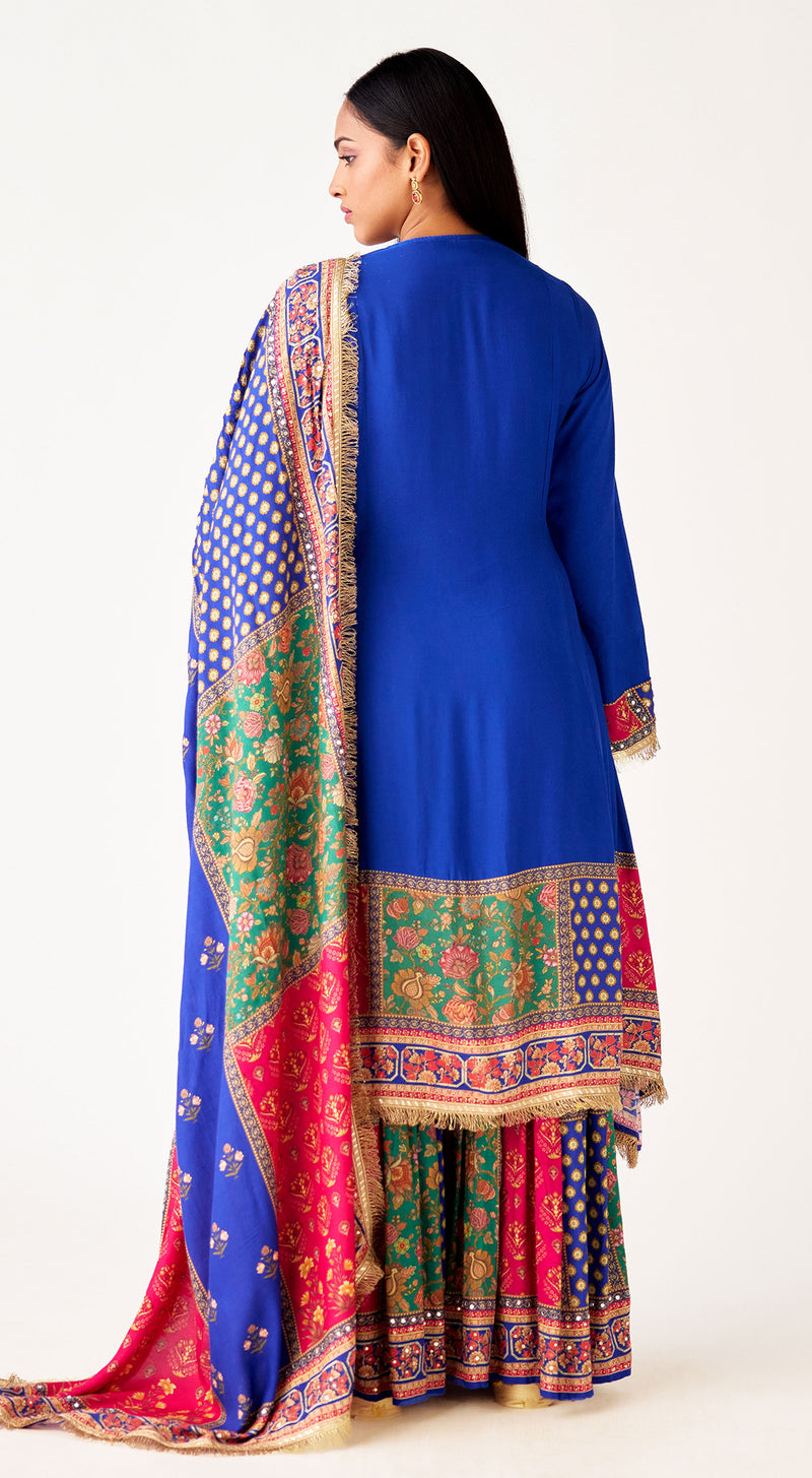 Blue Muslin Embroidered Sharara Set