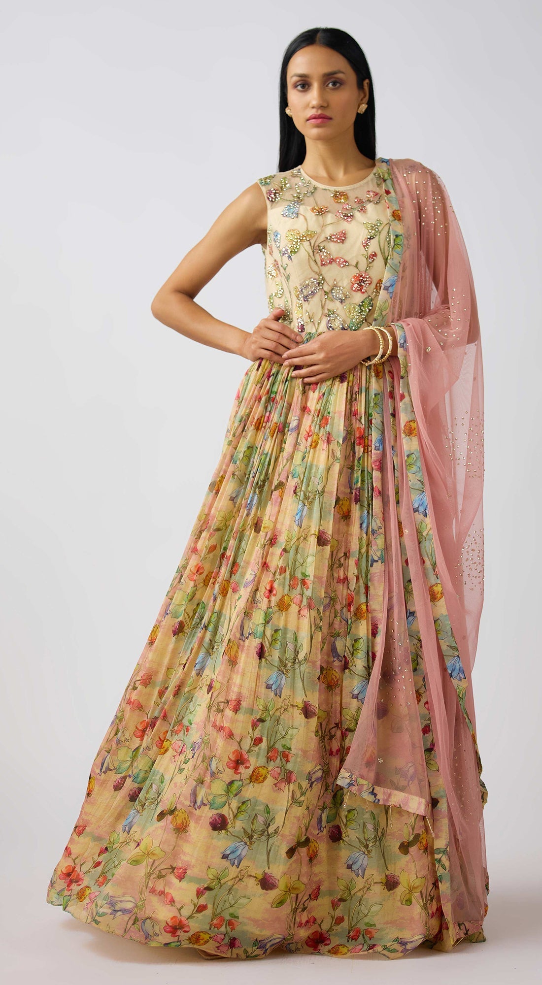 Pink Organza Embroidered Anarkali Set