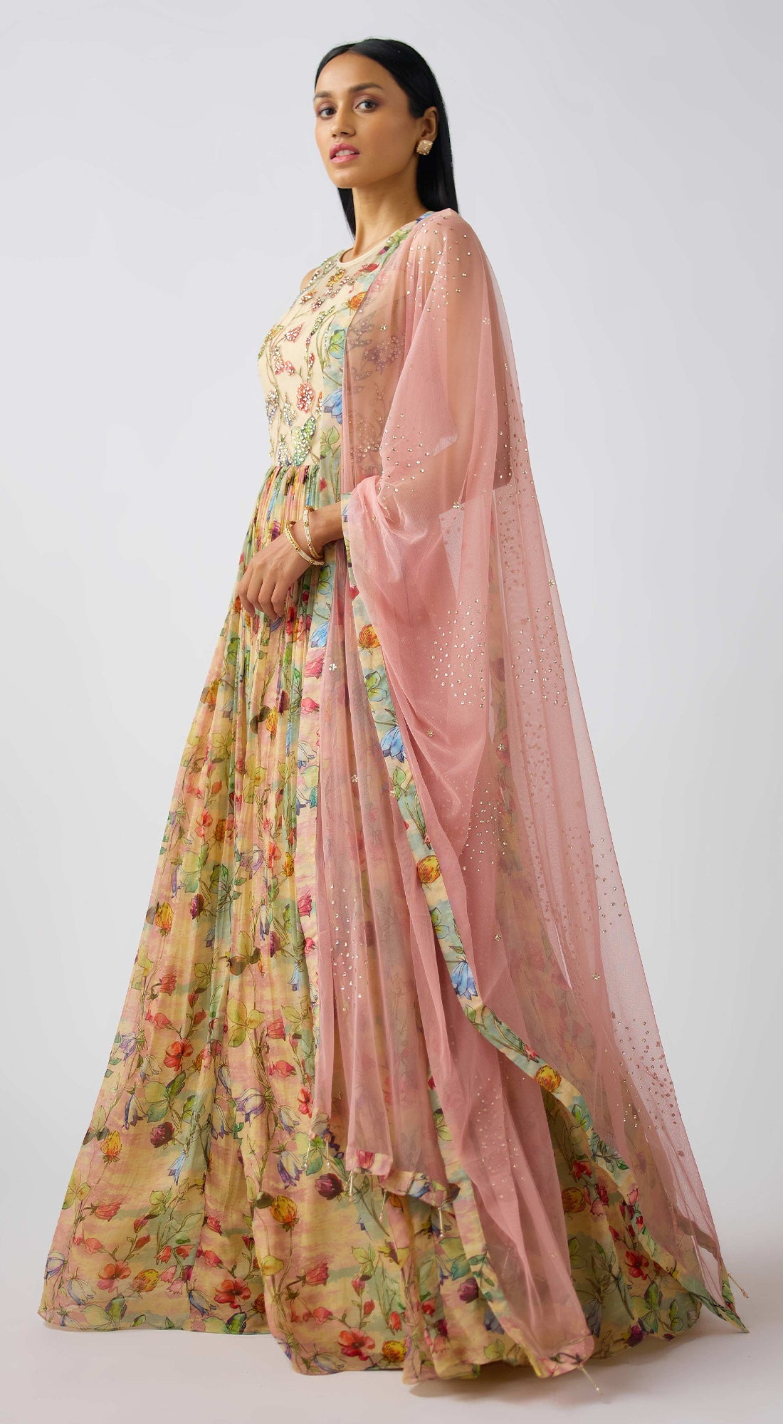 Pink Organza Embroidered Anarkali Set