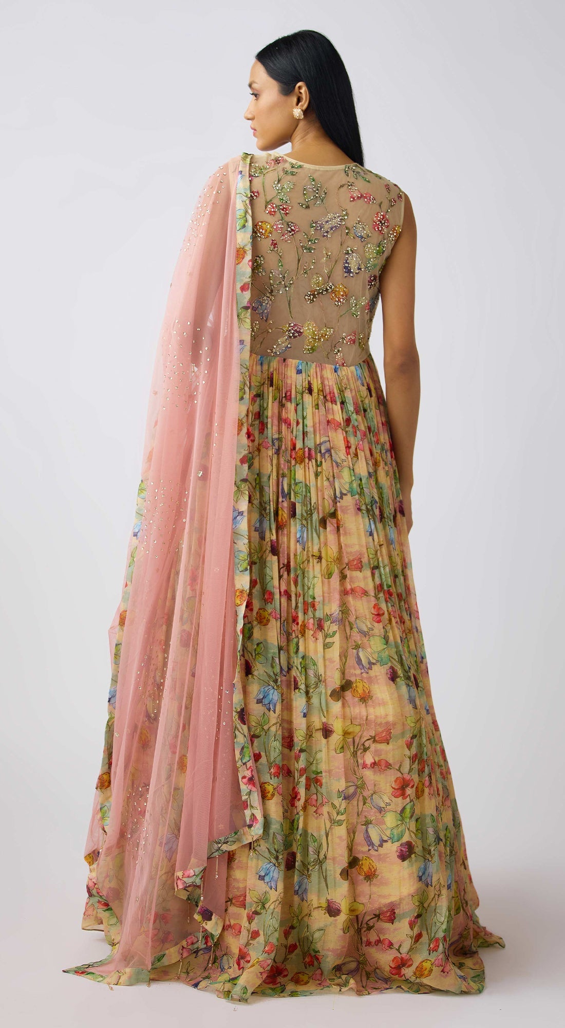 Pink Organza Embroidered Anarkali Set