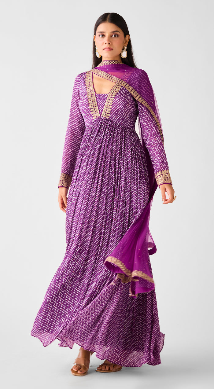 Purple Chinon Zari Work Anarkali Set