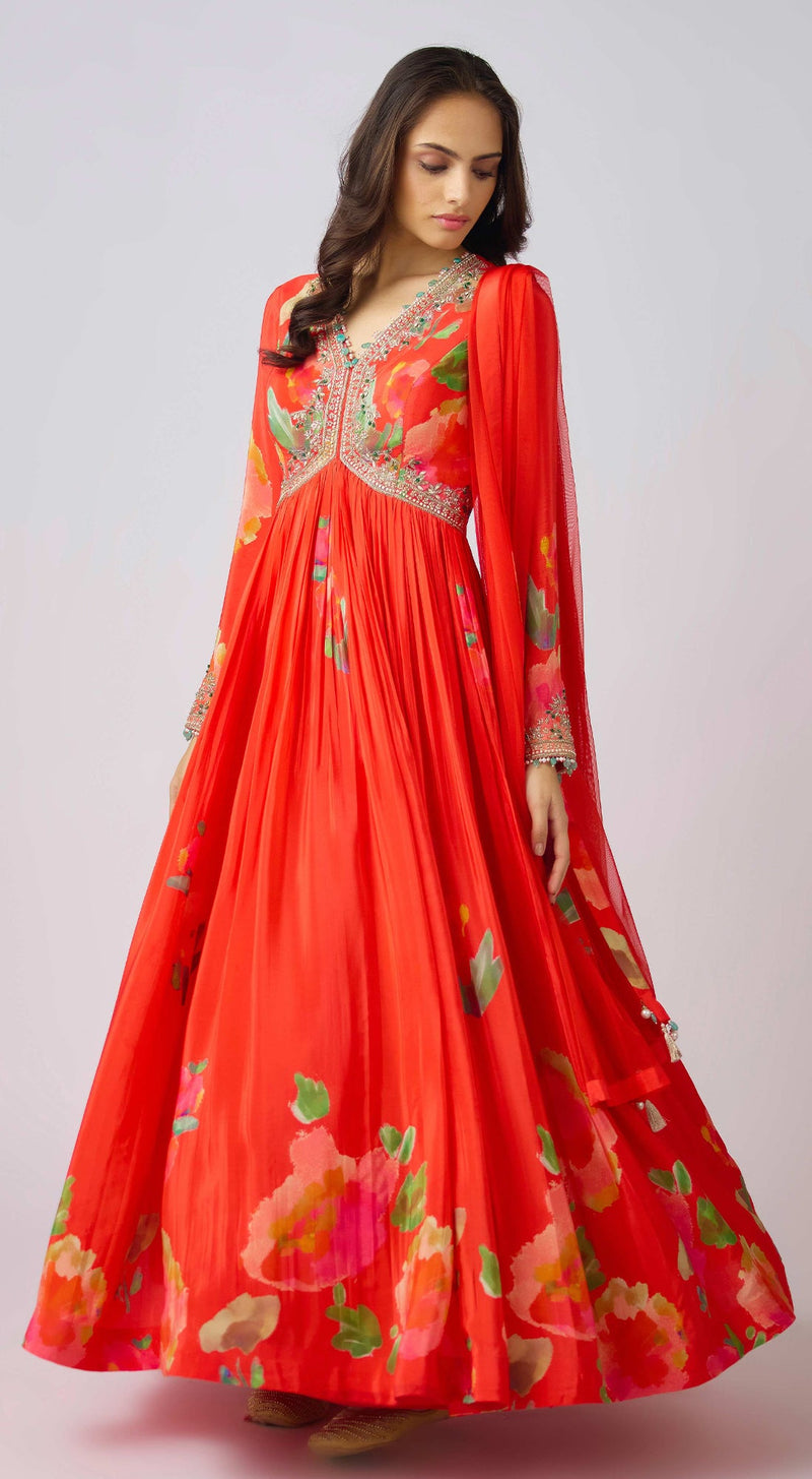 Red Georgette Embroidered Anarkali Set