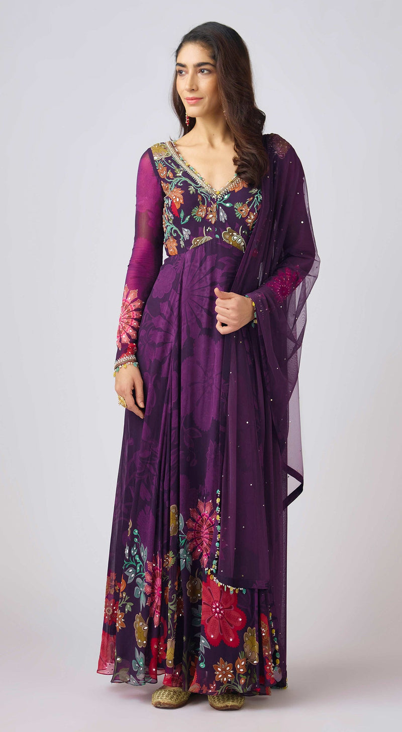 Purple Georgette Embroidered Anarkali Set