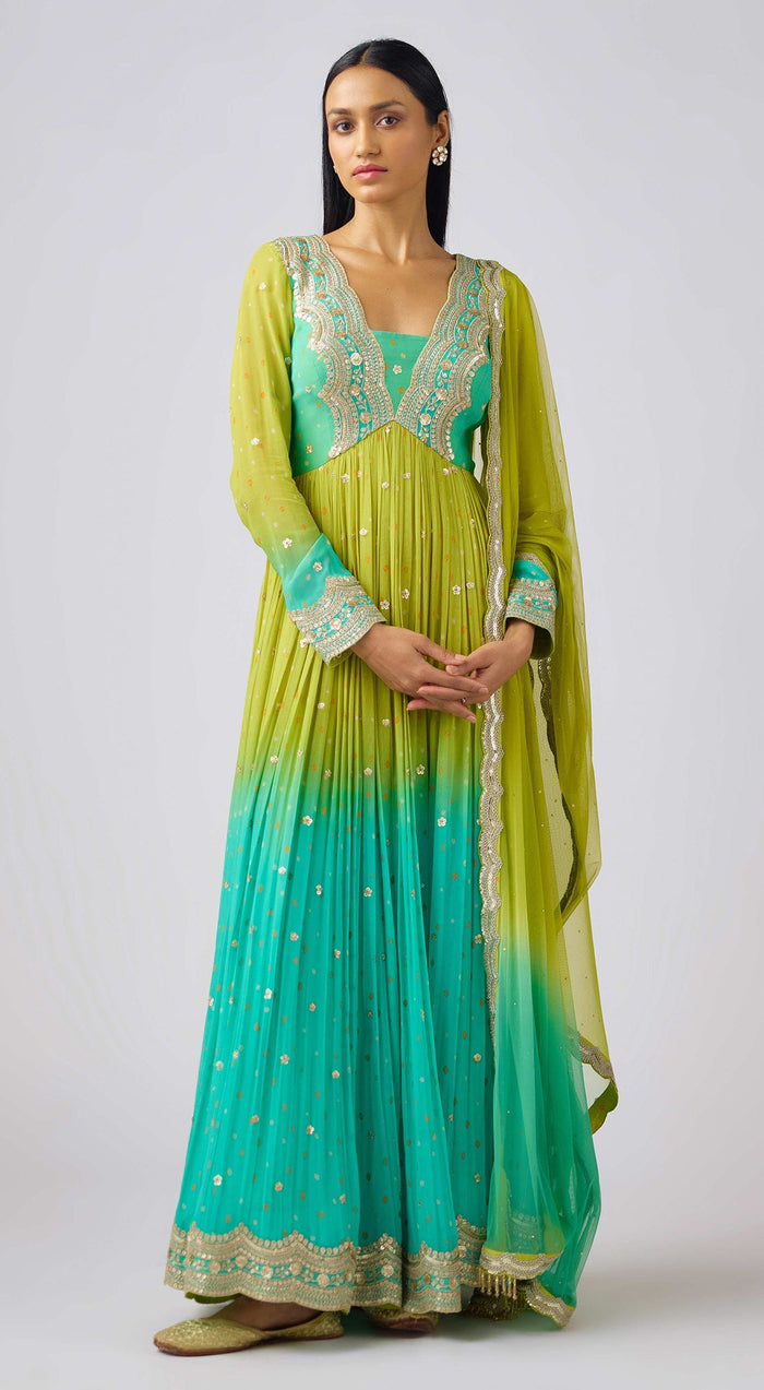 Lime Georgette Embroidered Anarkali Set