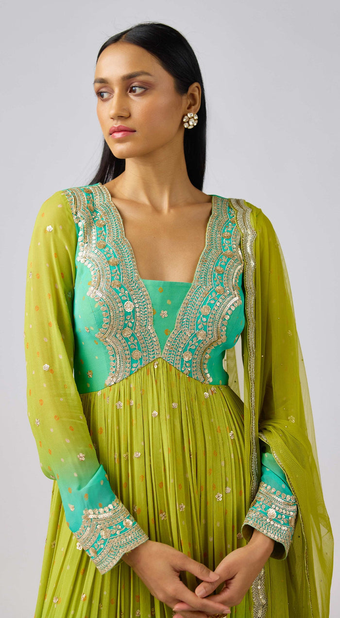 Lime Georgette Embroidered Anarkali Set