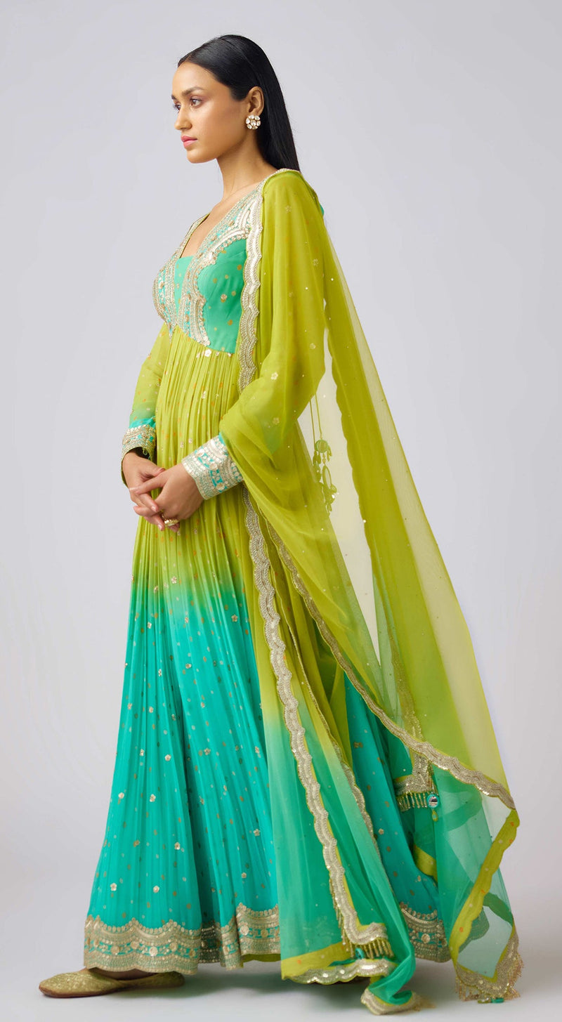 Lime Georgette Embroidered Anarkali Set