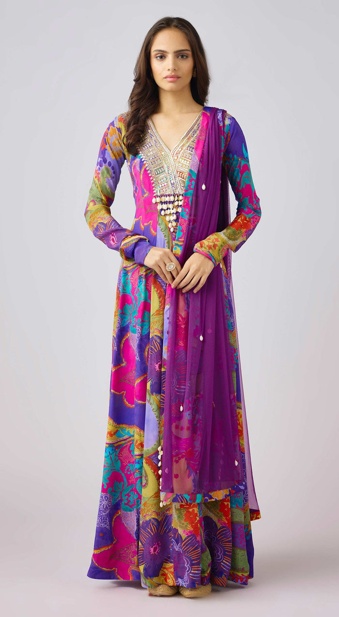 Purple Georgette Embroidered Anarkali Set