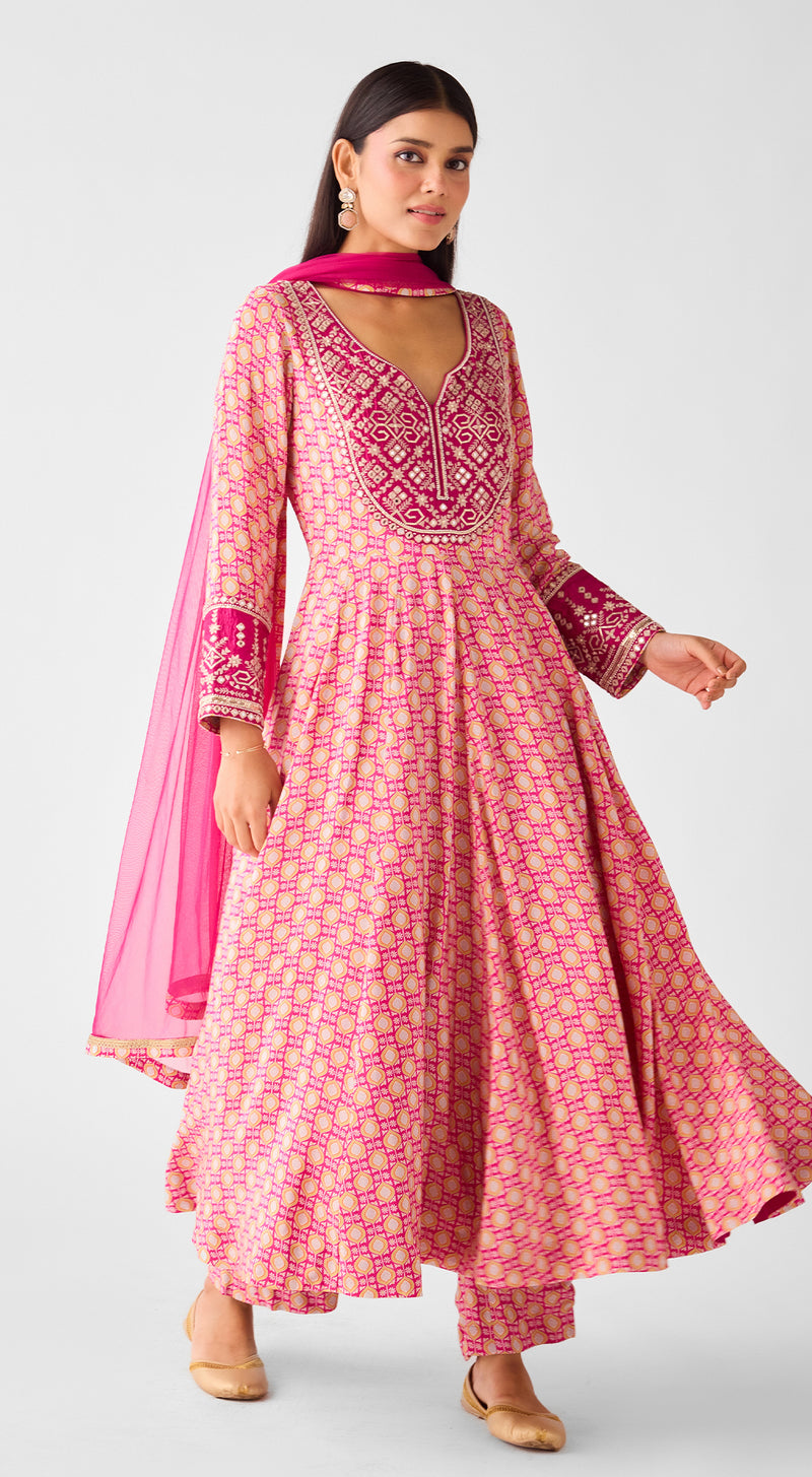 Rani Pink Chinon Anarkali Set