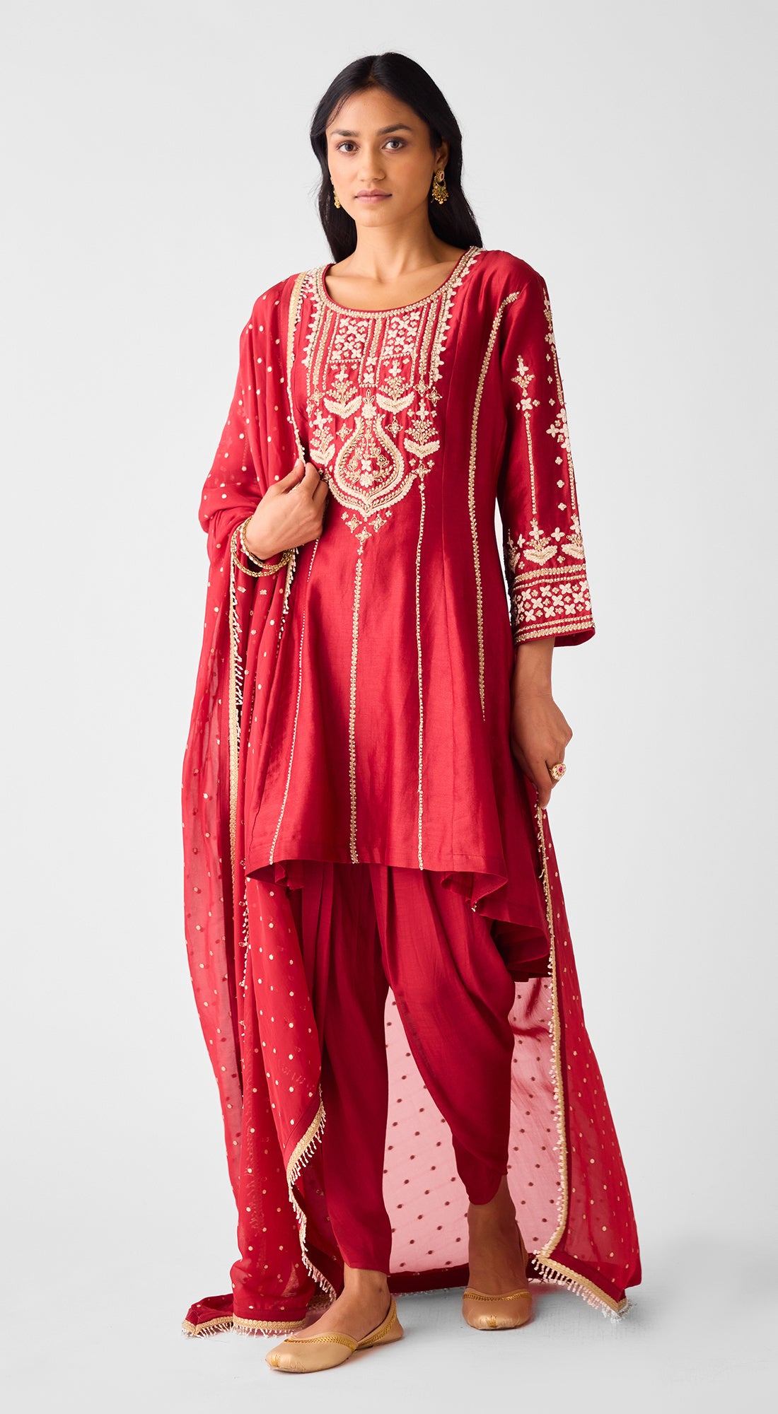 Red Chanderi Embroidered Anarkali Kurta Set