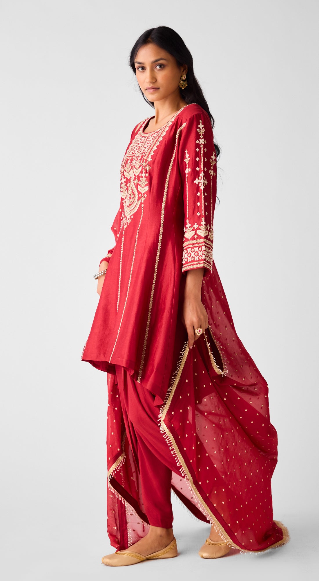 Red Chanderi Embroidered Anarkali Kurta Set