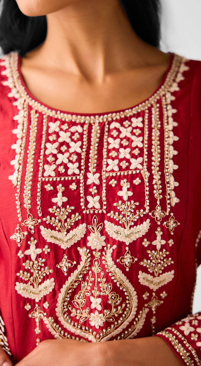 Red Chanderi Embroidered Anarkali Kurta Set