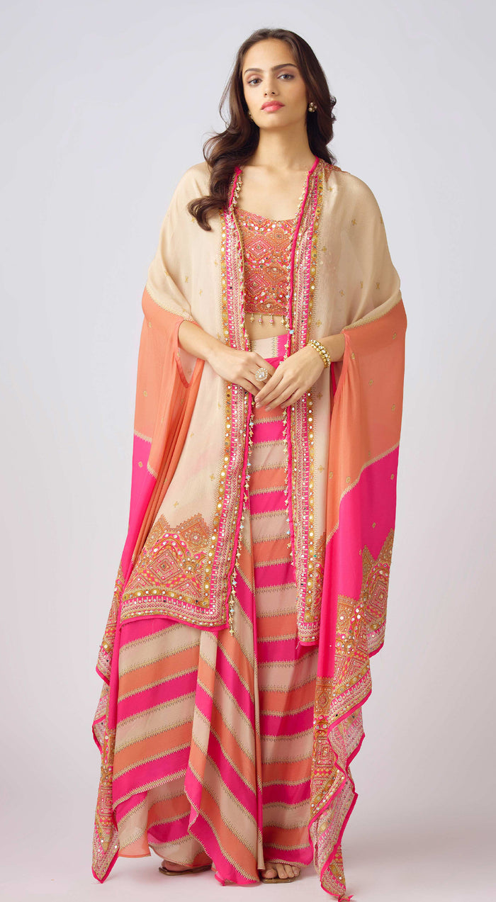 Pink Chinon Embroidered Cape Set